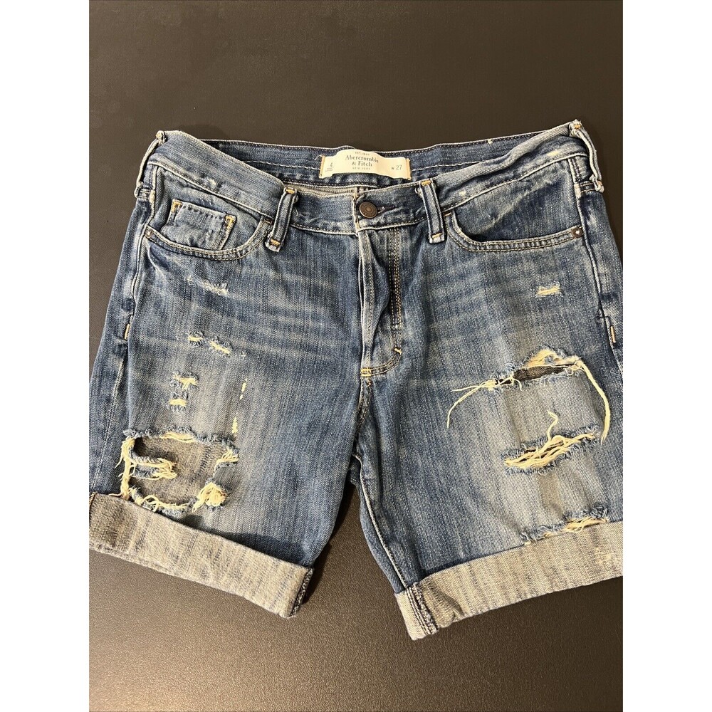 Abercrombie‎ & Fitch Mom Shorts High Rise Button Fly Womens 27 4 Blue Cuffed